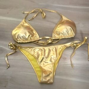 Metallic Gold String Bikini Size XL Ties Around Neck & On Back Very Sexy